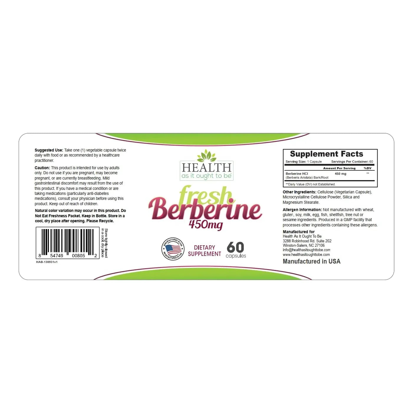 Berberina Fresca 450 Mg 60 Capsulas Suplemento Natural Sin Conservantes