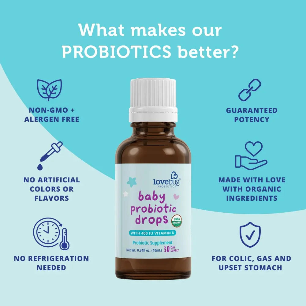 Lovebug Probiótico Orgánico Para Bebés 0-12 Meses Alivia Cólicos Reflujo
