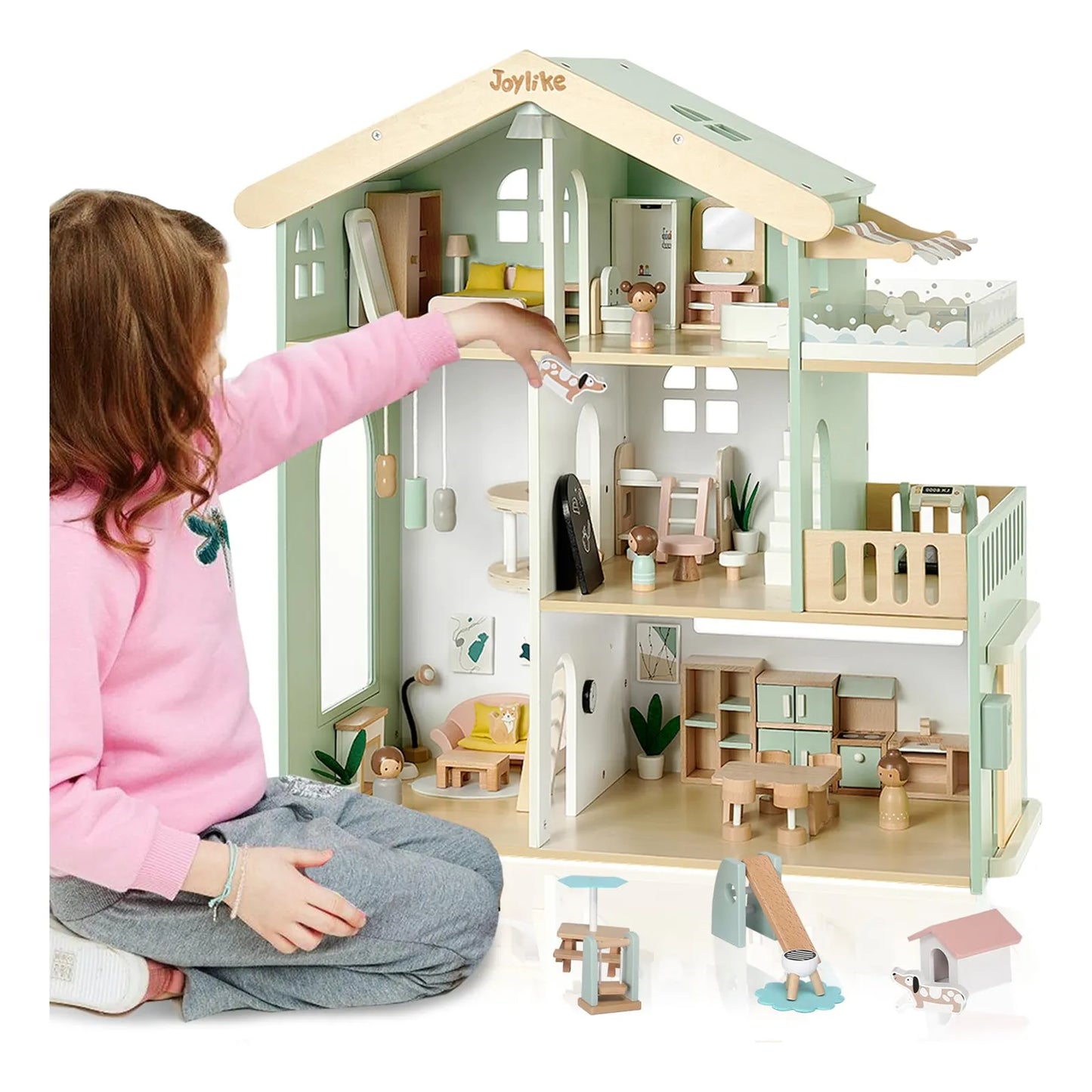 Casa De Muñecas De Madera Para Niños Con 53 Piezas Figuras Y Accesorios