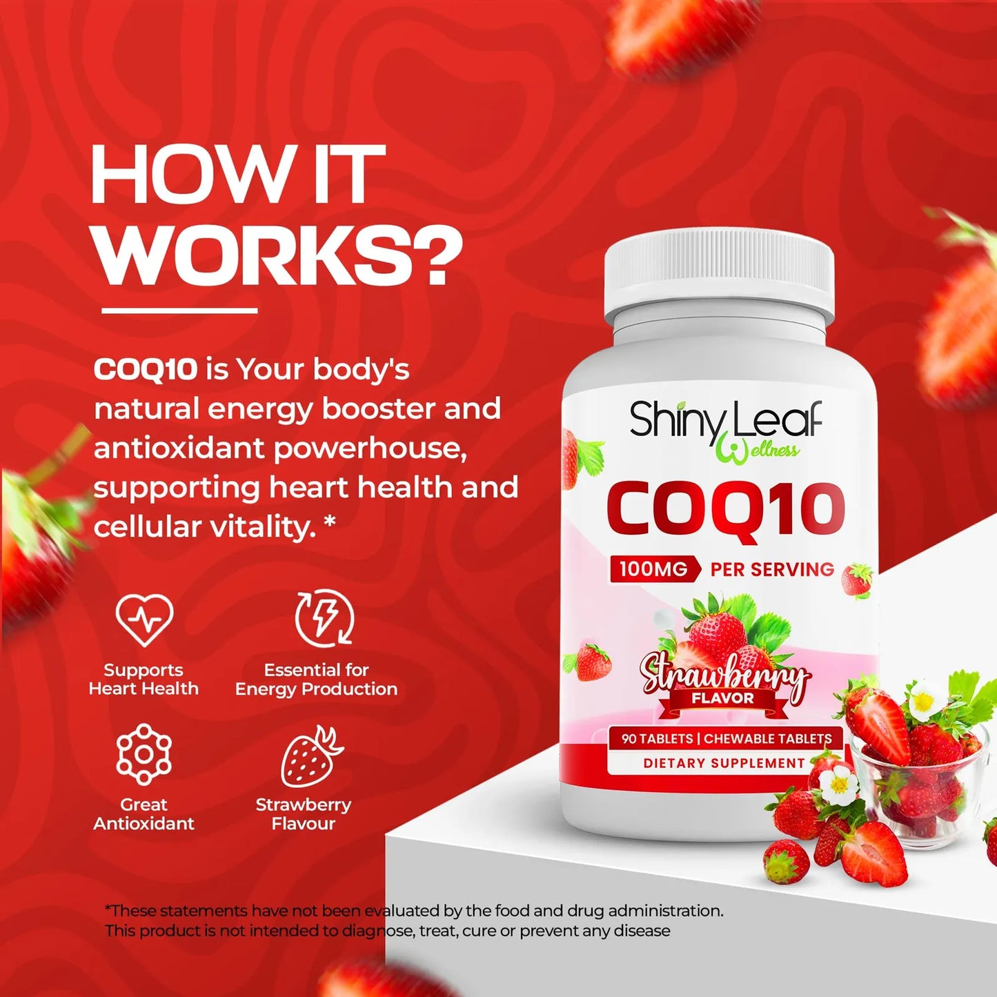 Suplemento CoQ10 100 Mg Tabletas Masticables Sabor Fresa Salud Corazon Y Energia