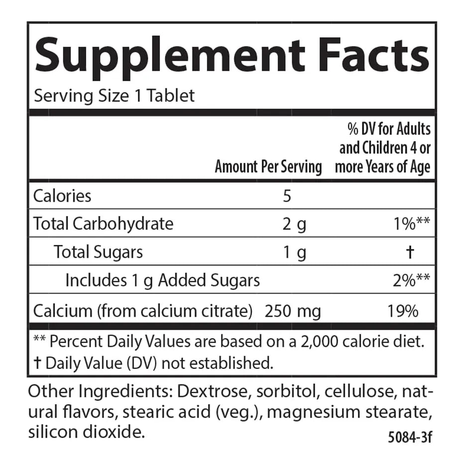 Calcio Masticable Para Niños 250 Mg Sabor Vainilla Huesos Fuertes