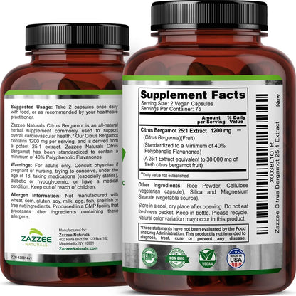 Extracto De Bergamota Cítrica Potente 1200 Mg 150 Cápsulas Veganas 40 Flavanonas