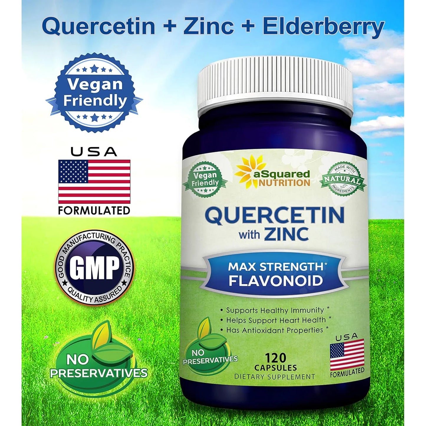 Quercetina 1000 Mg Con Zinc Y Saúco Negro 120 Cápsulas aSquared Nutrition Antioxidante E Inmunológico