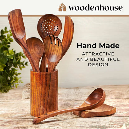 Juego De 8 Utensilios Cocina Madera Con Soporte Cucharas Teca Natural