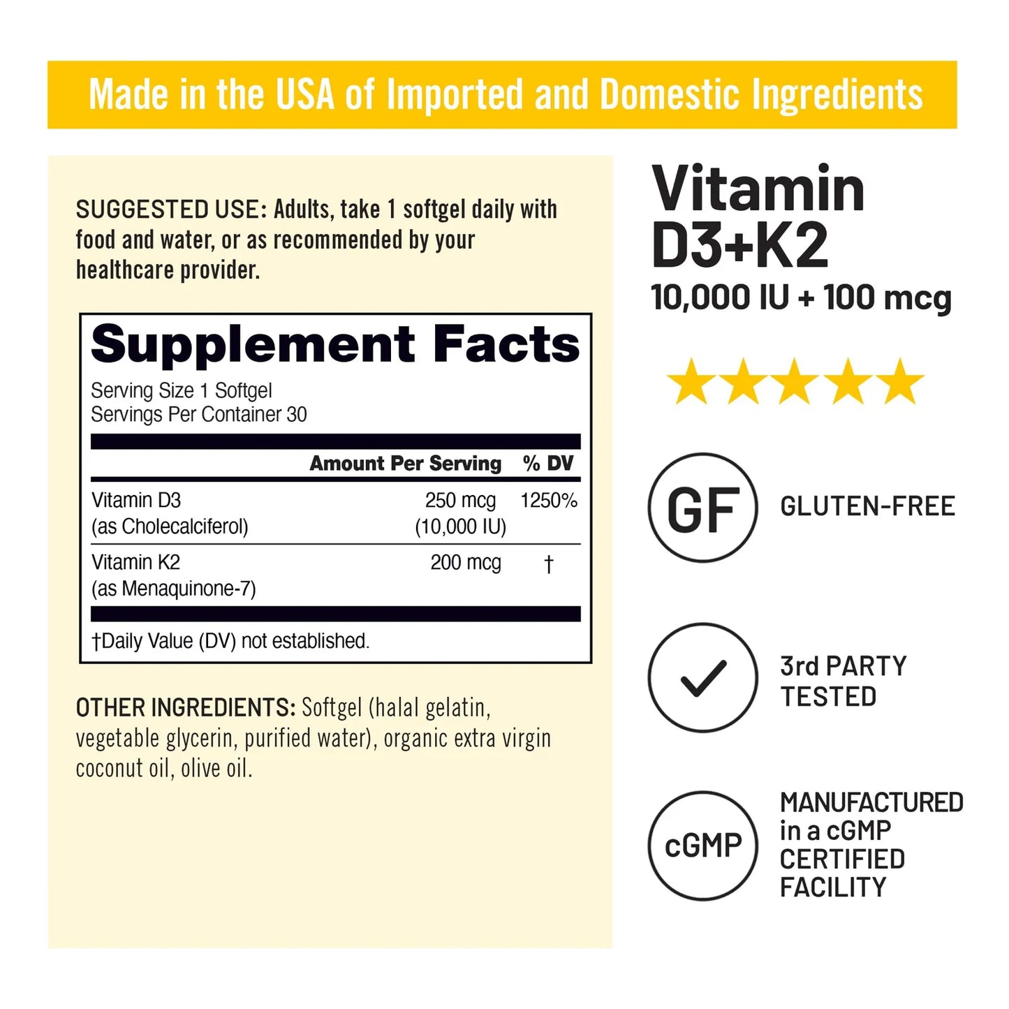 Vitamina D3 10000 Ui Con K2 200 Mcg Aceite De Coco Orgánico 30 Cápsulas
