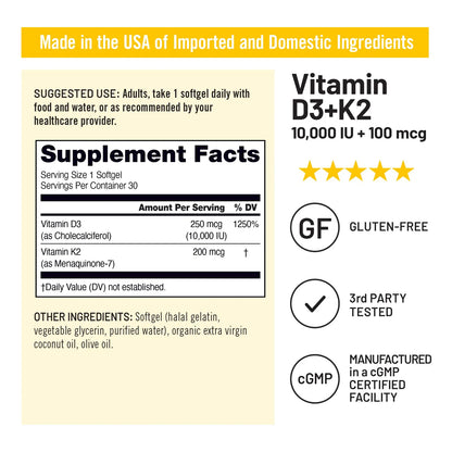 Vitamina D3 10000 Ui Con K2 200 Mcg Aceite De Coco Orgánico 30 Cápsulas