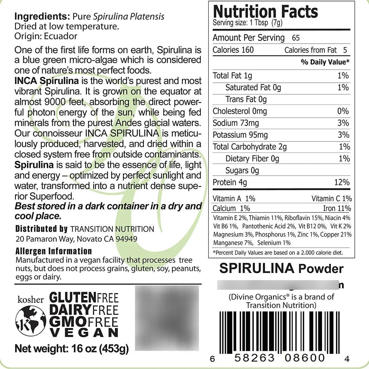 Spirulina En Polvo Cruda Orgánica De Los Andes 454 Gramos Vegana Sin Gluten