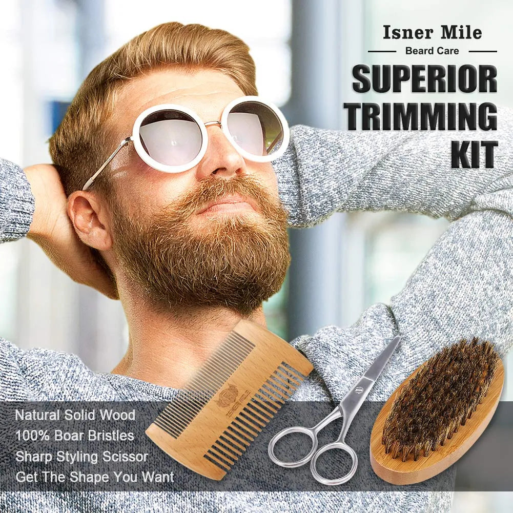 Kit Para Barba Isner Mile Completo Champú Aceite Bálsamo Cepillo Tijeras