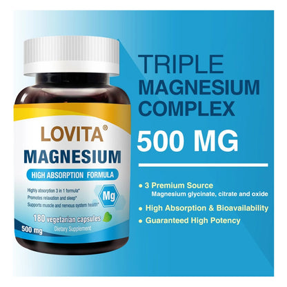 Complejo Triple Magnesio 500 Mg Alta Absorción Apoyo Sueño Salud Huesos Vegano