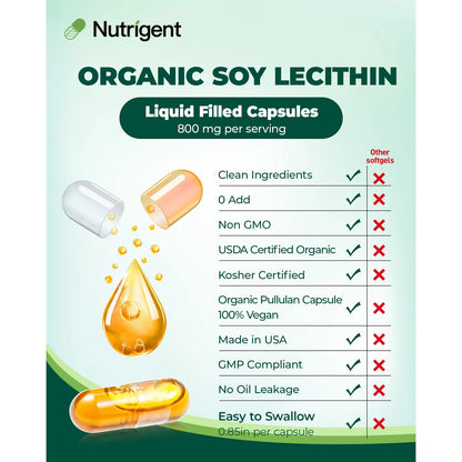 Lecitina De Soja Orgánica 800 Mg Cápsulas Líquidas Alta Absorción Soporte Cerebral Y Hepático
