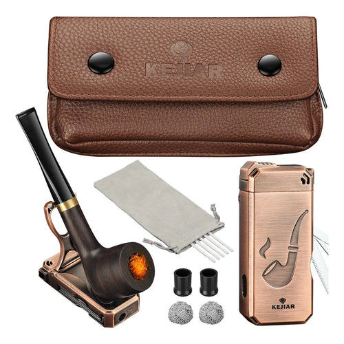 Juego De Pipa De Tabaco Artesanal En Madera Con Encendedor Y Estuche De Cuero Premium