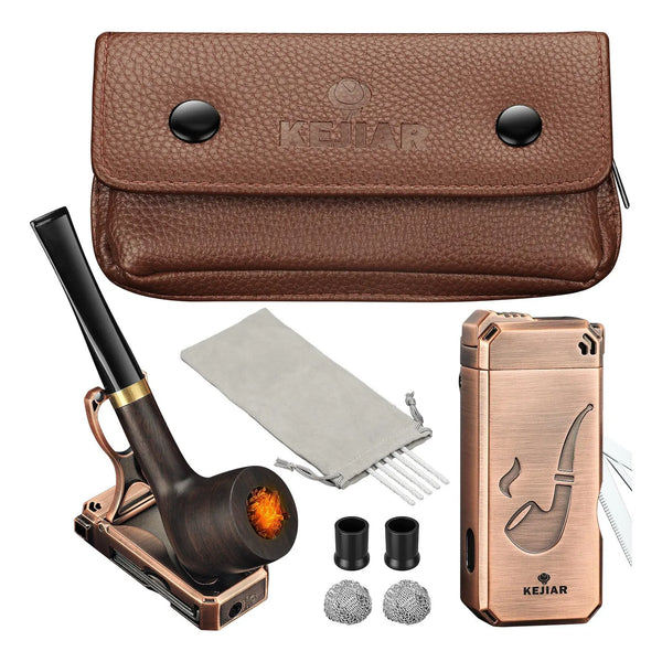 Juego De Pipa De Tabaco Artesanal En Madera Con Encendedor Y Estuche De Cuero Premium