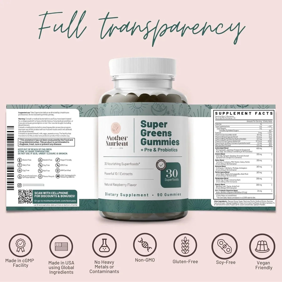 Gomitas Super Greens Con 30 Superalimentos Multivitamínicos Vegetales