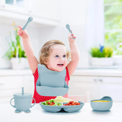 Juego De Alimentacion Bebe Silicona 6 Piezas Plato Babero Cuchara Sin Bpa