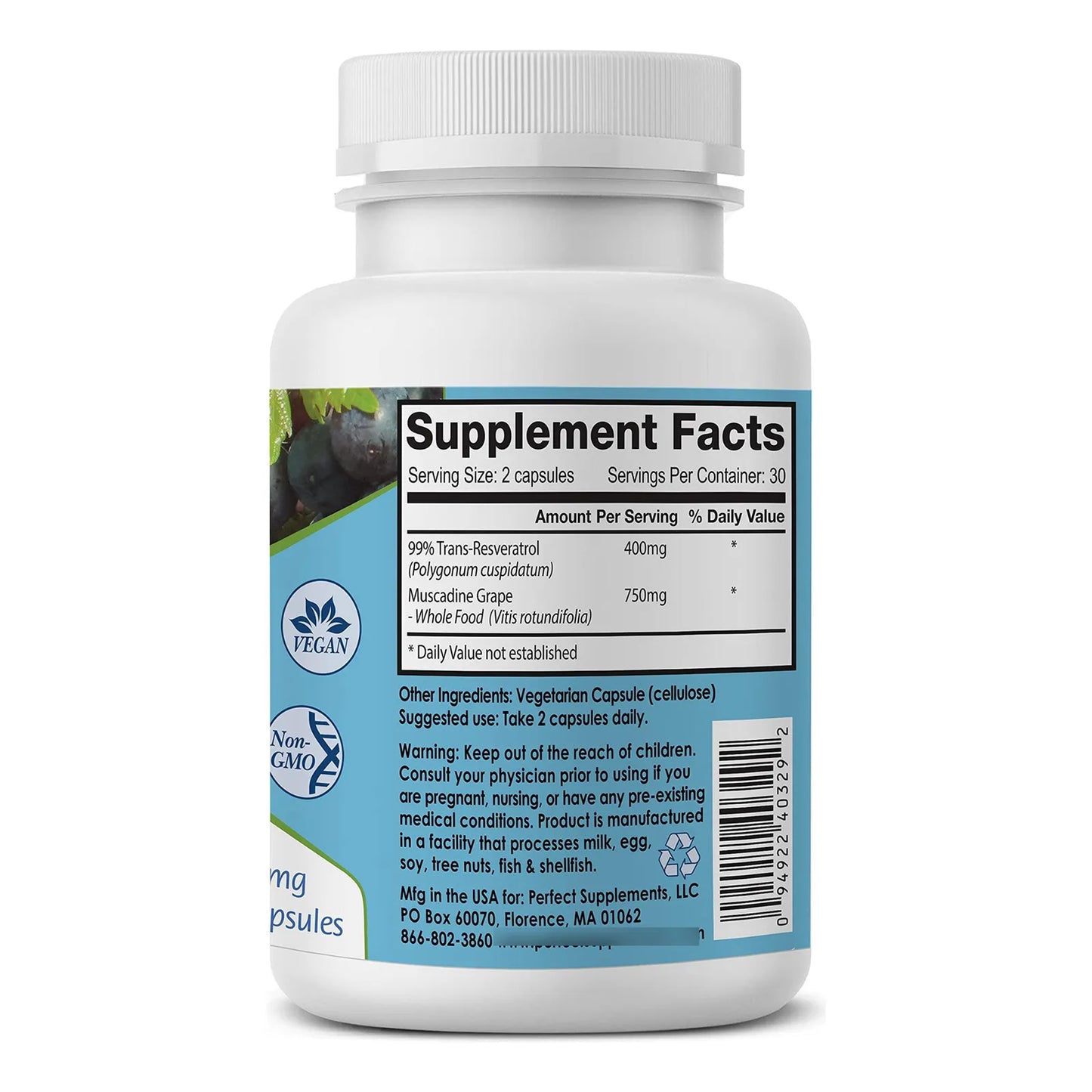 Cápsulas Vegetales Antienvejecimiento Con Resveratrol Y Uva Muscadina 60 Unidades
