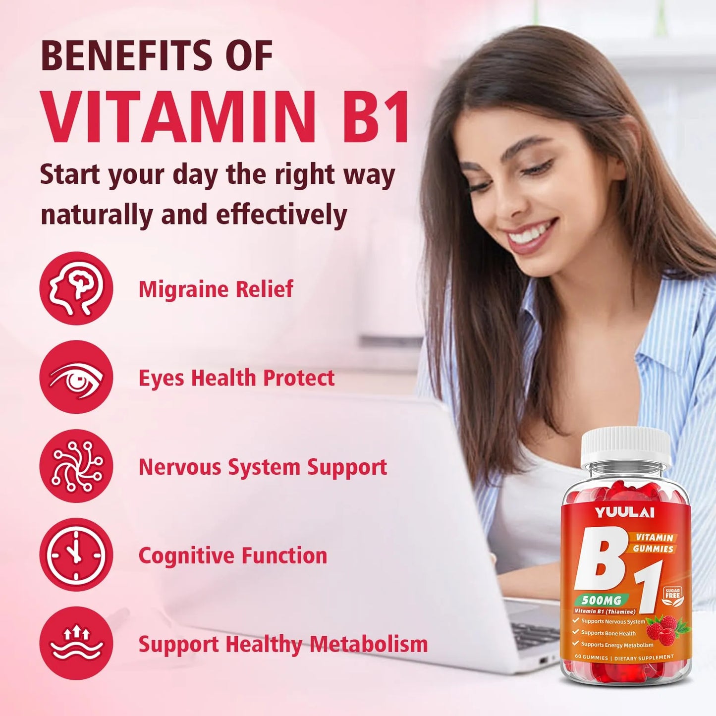Gomitas De Vitamina B1 500 Mg Con Magnesio Para Energía Y Sistema Nervioso