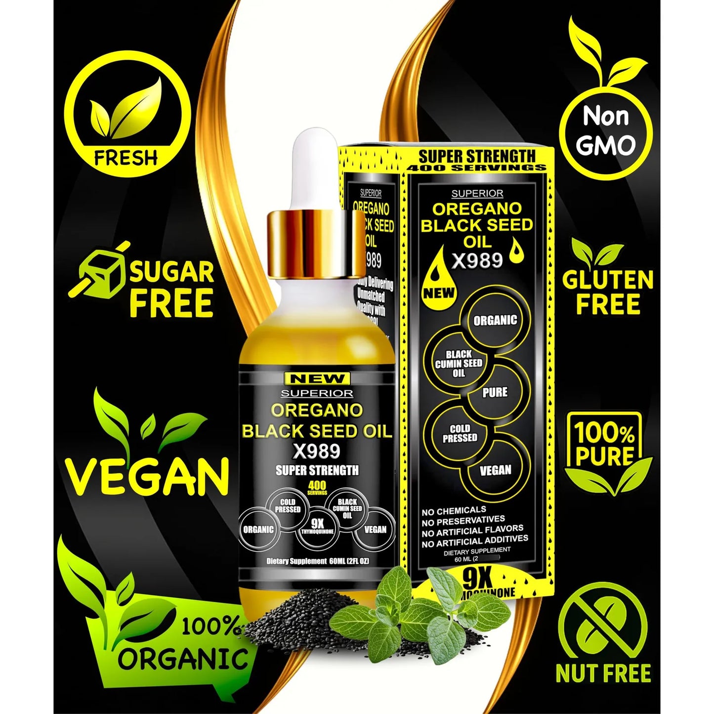 Aceite De Orégano Silvestre Y Semilla Negra 400 Porciones Suplemento Orgánico