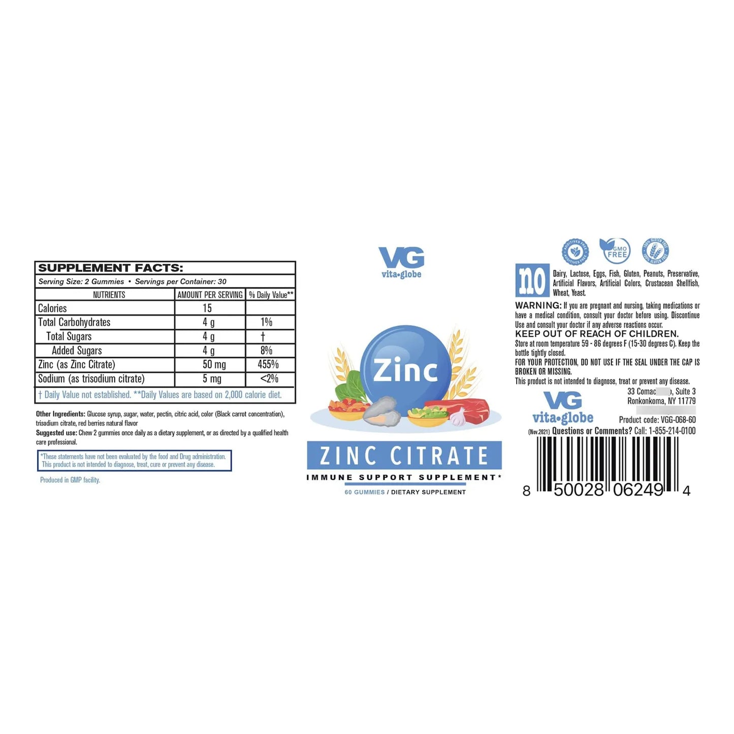 Gomitas Citrato Zinc 50 Mg VitaGlobe Piel Saludable Refuerzo Inmunologico