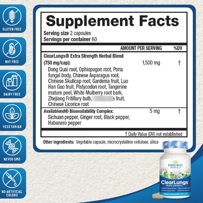 ClearLungs Extra Strength Cápsulas Para Salud Pulmonar Y Respiratoria 120 Unidades