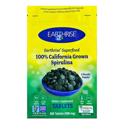 Tabletas De Espirulina Natural 500 Mg 360 Unids Vegana Sin Gluten Cultivada En California