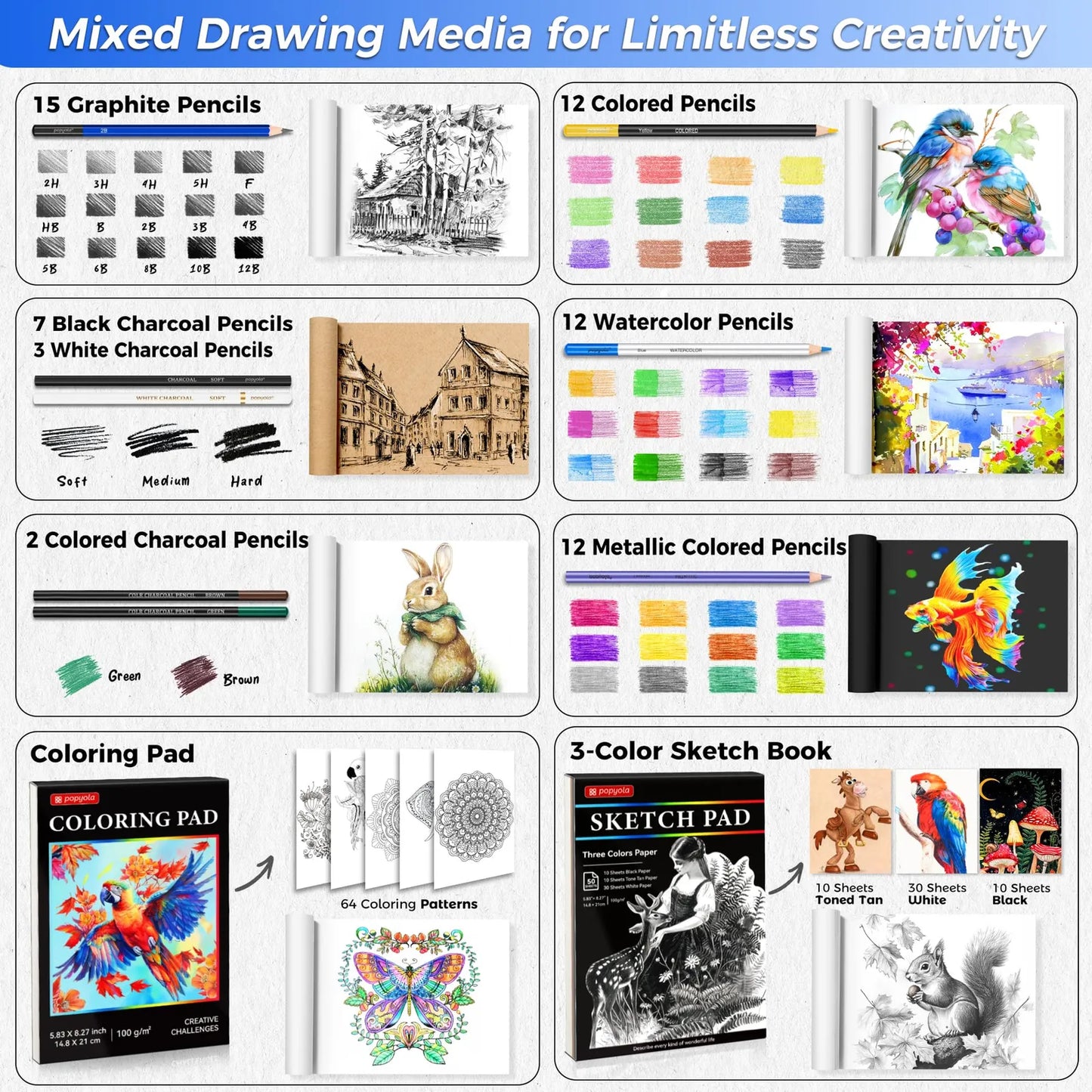 Kit Dibujo Profesional 106 Piezas Con Cuaderno 3 Colores Lápices Grafito Acuarela
