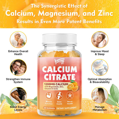 Gomitas De Citrato De Calcio 1200 Mg Con Vitamina D3 K2 Magnesio Zinc Soporte Oseo E Inmunidad