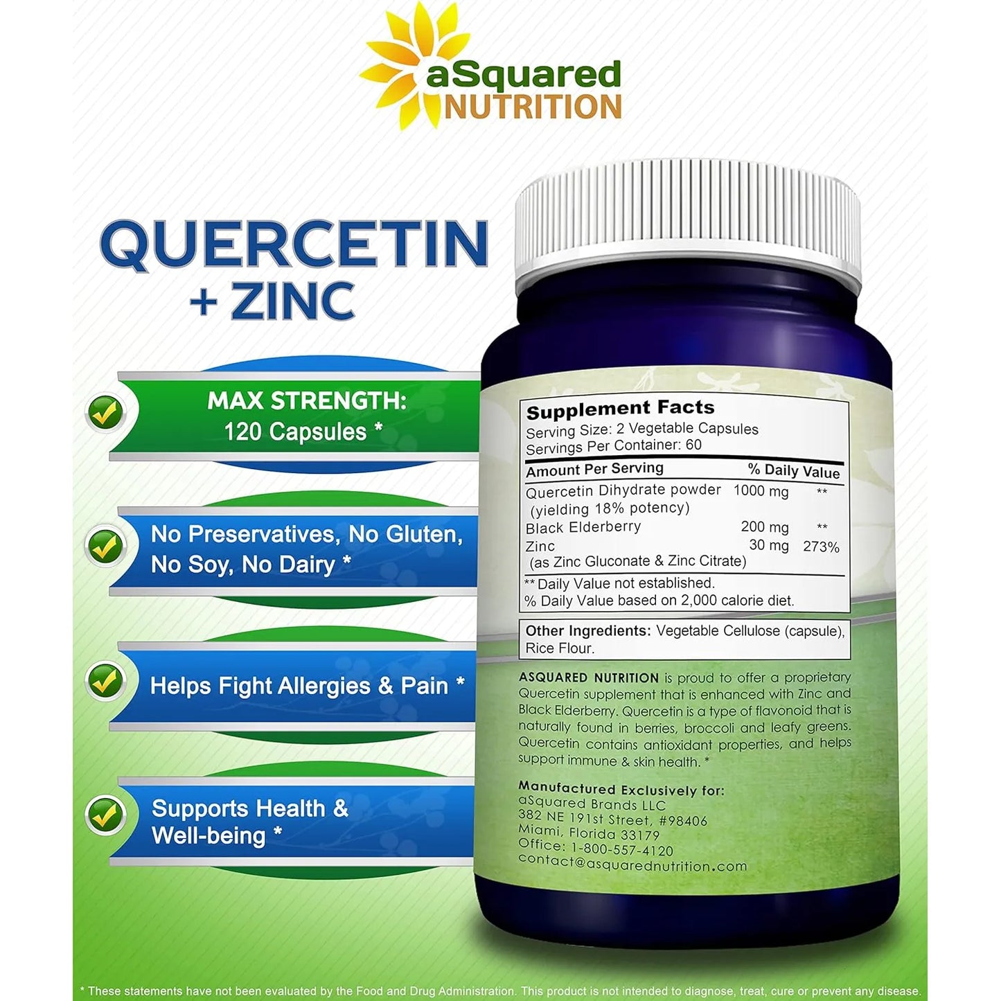 Quercetina 1000 Mg Con Zinc Y Saúco Negro 120 Cápsulas aSquared Nutrition Antioxidante E Inmunológico