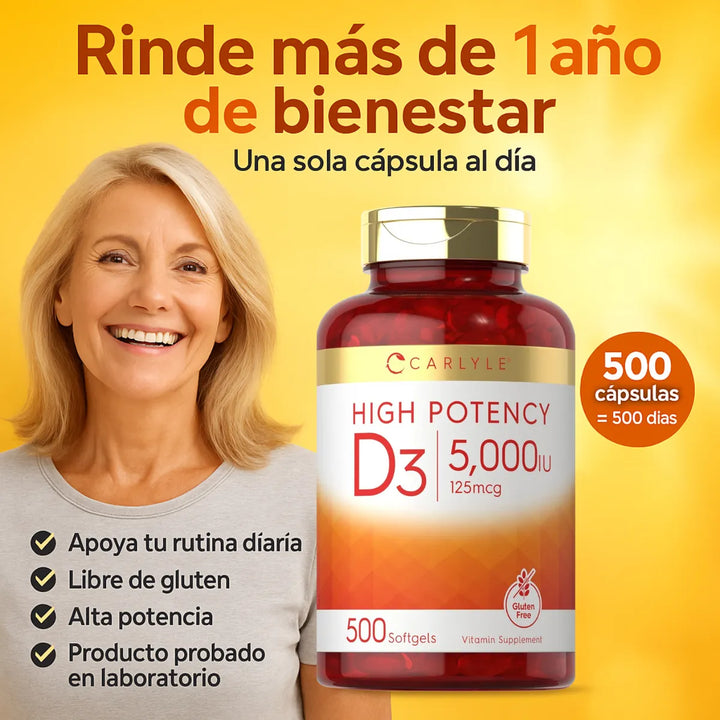 Vitamina D3 5000 Iu Alta Potencia Carlyle 500 Capsulas - Imagen 2