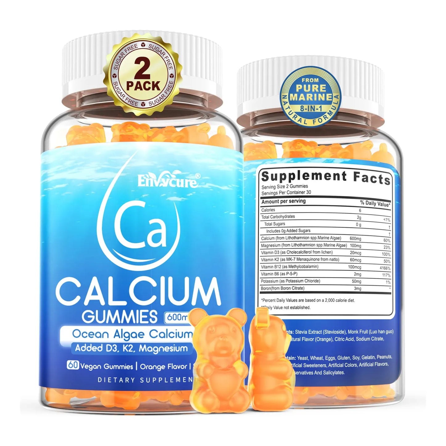 Gomitas De Calcio 600 Mg Algas Oceánicas Vitamina D3 K2 Magnesio Suplemento Óseo