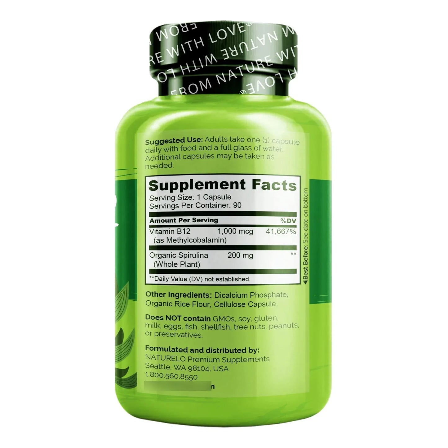 Metilcobalamina B12 1000 Mcg Con Espirulina Orgánica 180 Cápsulas Vegano Energía