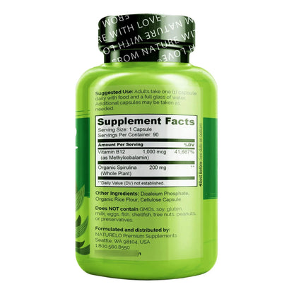 Metilcobalamina B12 1000 Mcg Con Espirulina Orgánica 180 Cápsulas Vegano Energía