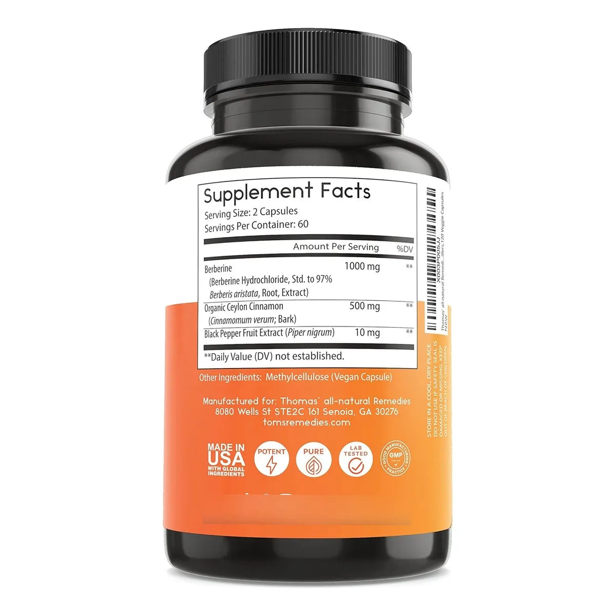 Berberina Natural 500mg Con Canela De Ceilán Y Pimienta Negra 120 Cápsulas Veganas