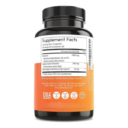 Berberina Natural 500mg Con Canela De Ceilán Y Pimienta Negra 120 Cápsulas Veganas