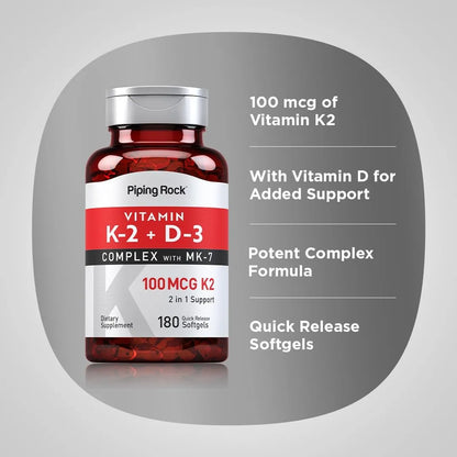 Vitamina K2 D3 Mk7 100 Mcg 180 Capsulas Blandas Salud Osea Piping Rock