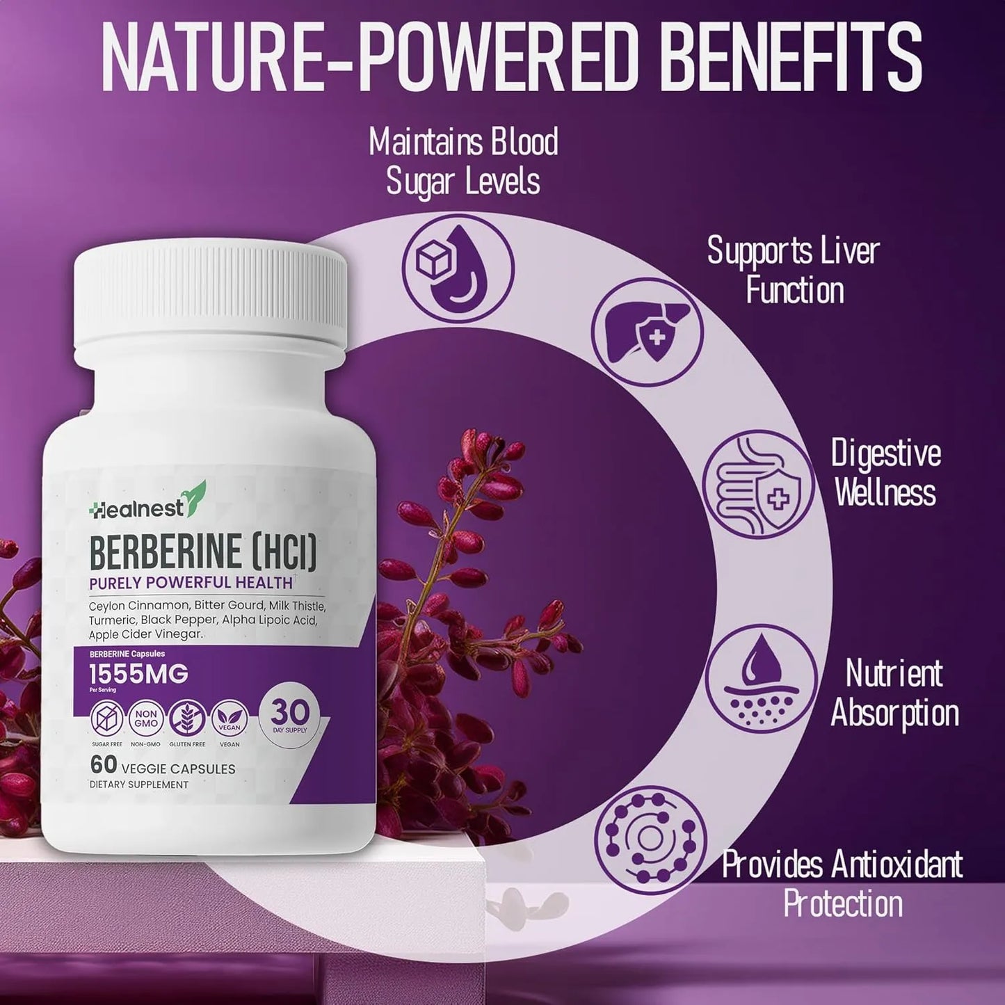 Berberina 500mg Con Canela Y Cúrcuma Suplemento Vegano Para Azúcar Y Metabolismo