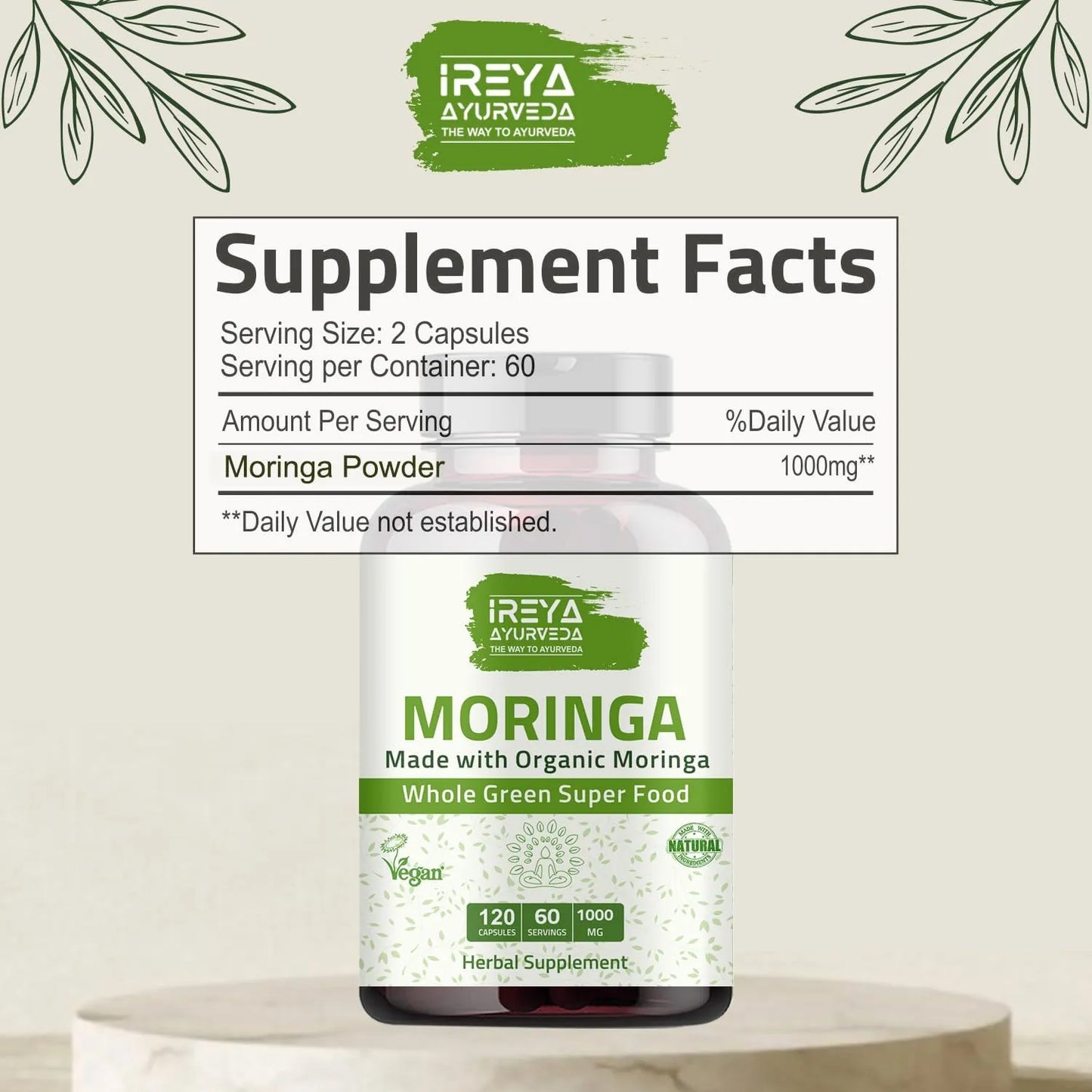 Capsulas De Moringa Organica 1000 Mg 120 Unidades Superalimento Puro