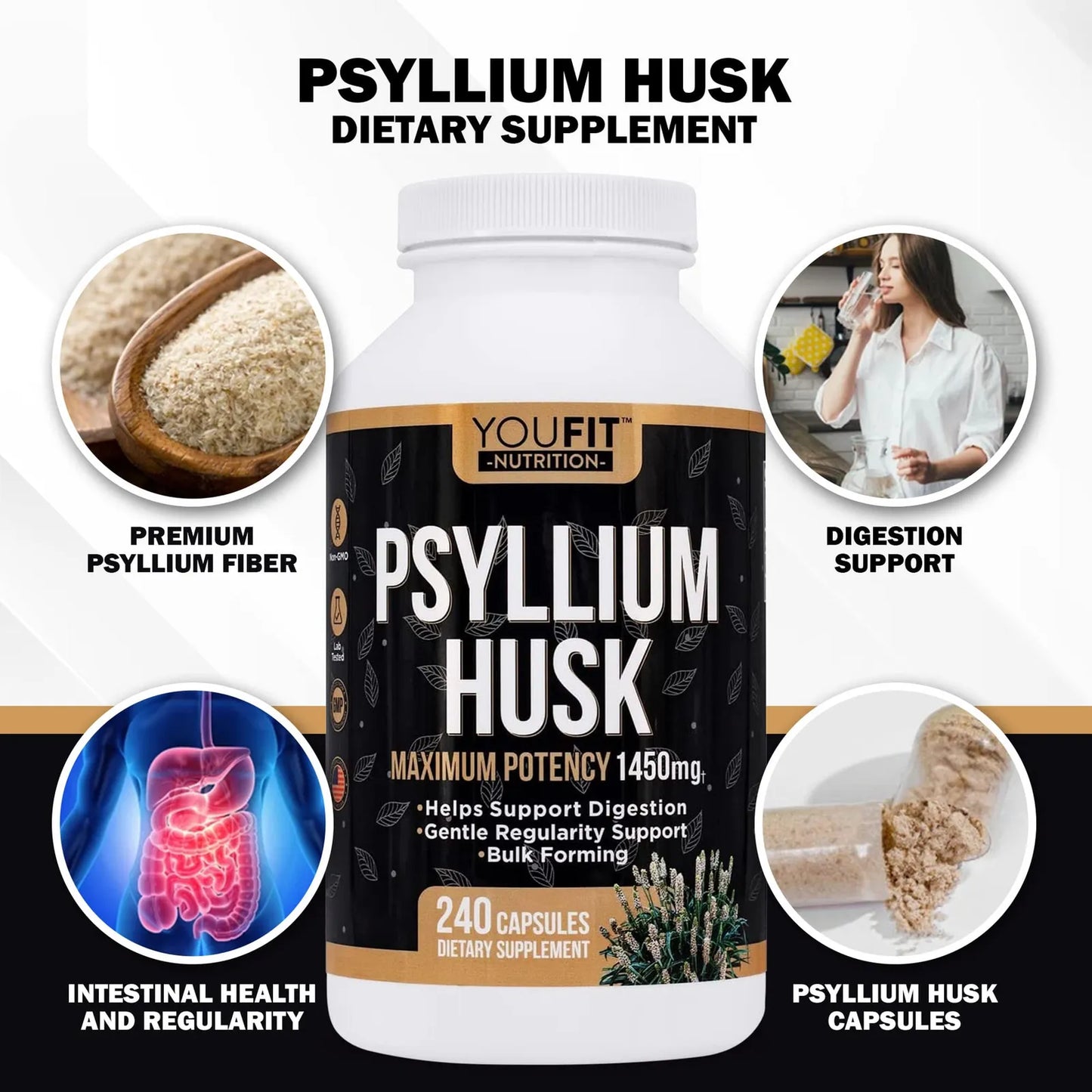 Capsulas De Psyllium 1450 Mg Fibra Soluble Natural Salud Intestinal Regularidad