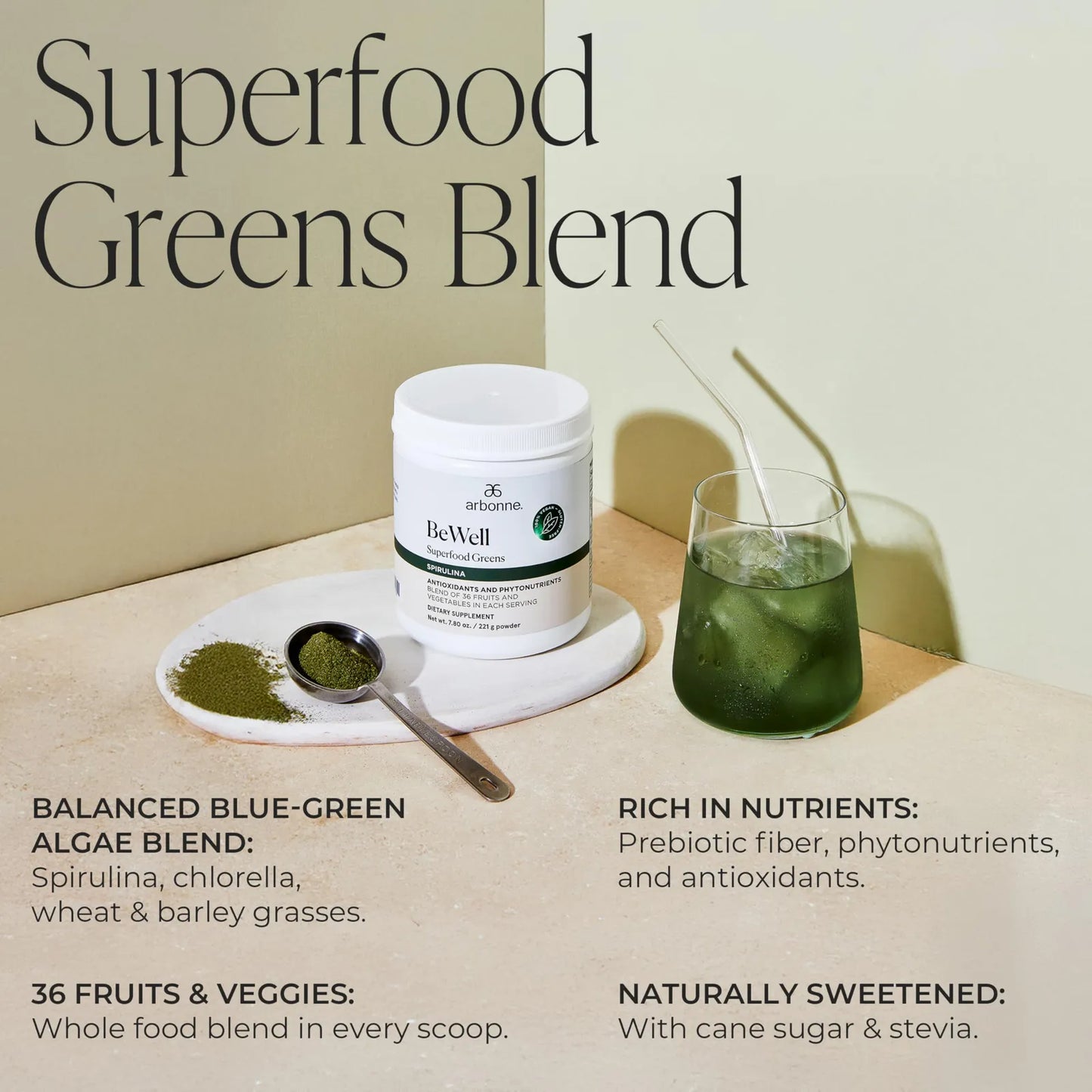 BeWell Superfood Greens Powder Suplemento Salud Polvo Frutas Verduras 7.8 Onzas