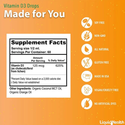 Vitamina D3 Liquida 5000 Ui Organica Gotas Adultos Niños Refuerza Inmunidad Huesos Piel