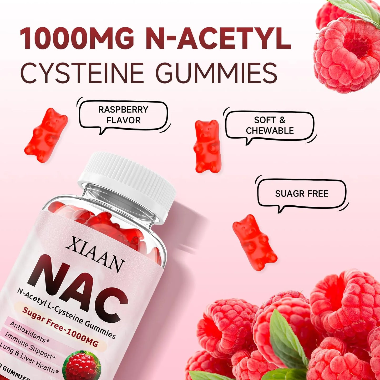 Gomitas NAC 1000 Mg Antioxidante Apoyo Inmunologico Sabor Frambuesa 60 Unidades