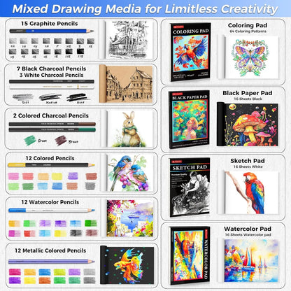 Kit De Dibujo Profesional 133 Piezas Con Cuaderno Y Accesorios Completo