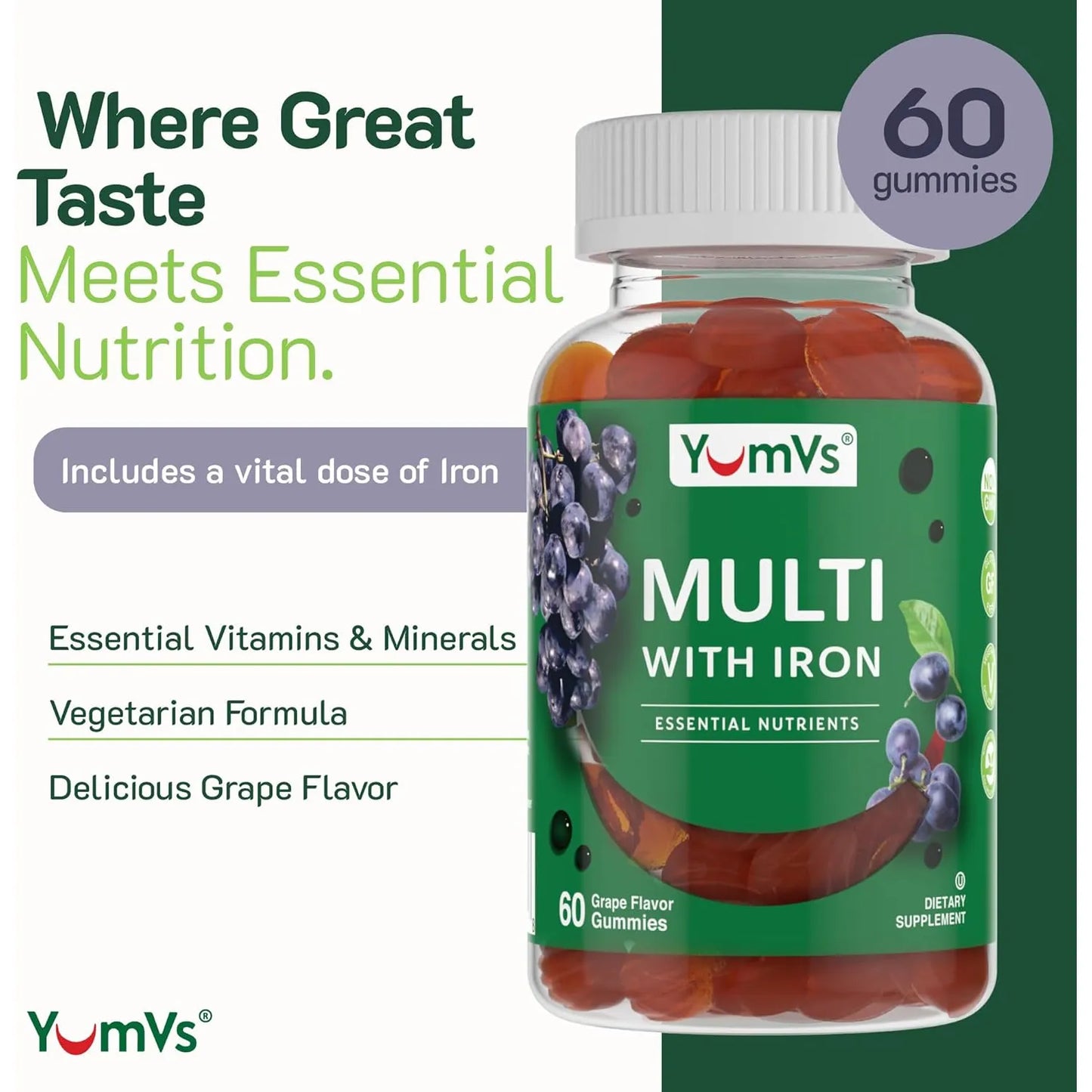Gomitas Multivitamínicas Sabor Uva Con Hierro Para Adultos YUM-V'S 60 Unidades