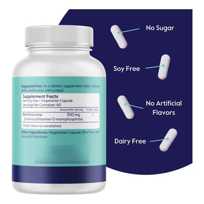 Benfotiamina 300 Mg 180 Cápsulas Veganas Sin Aditivos Dañinos BestVite
