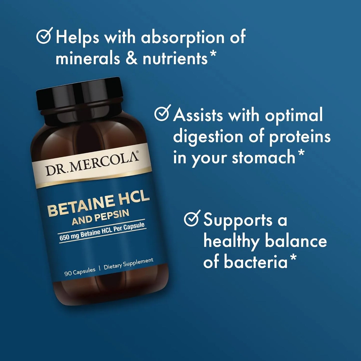 Betaína HCL Y Pepsina 650 Mg 90 Cápsulas Dr Mercola Digestión Óptima