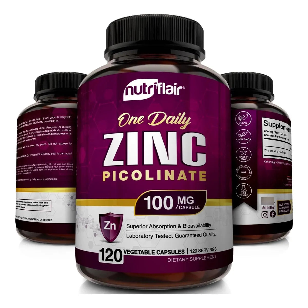 Picolinato De Zinc 100 Mg 120 Cápsulas Veganas Alto Absorción Usa