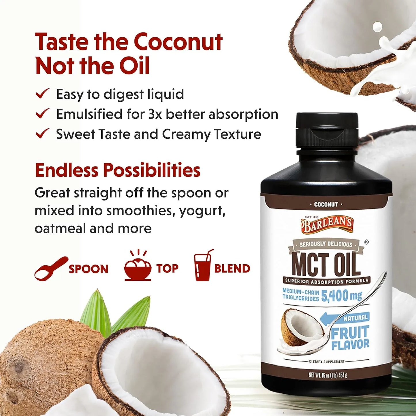 Aceite De Coco Orgánico Barlean S 5400 Mg MCT 473 Ml Energía Limpia Y Cetosis