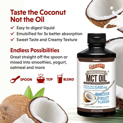 Aceite De Coco Orgánico Barlean S 5400 Mg MCT 473 Ml Energía Limpia Y Cetosis