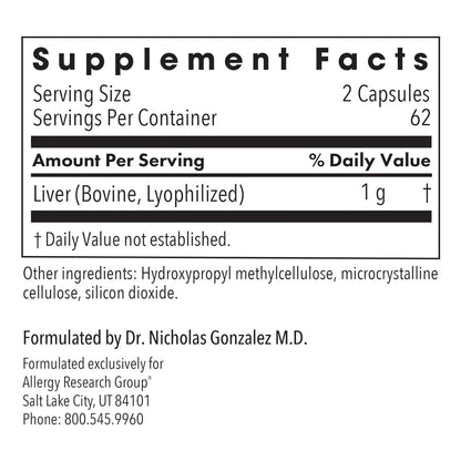 Cápsulas De Hígado De Res Alimentadas Con Pasto 1000 Mg Allergy Research Group Suplemento Hepático