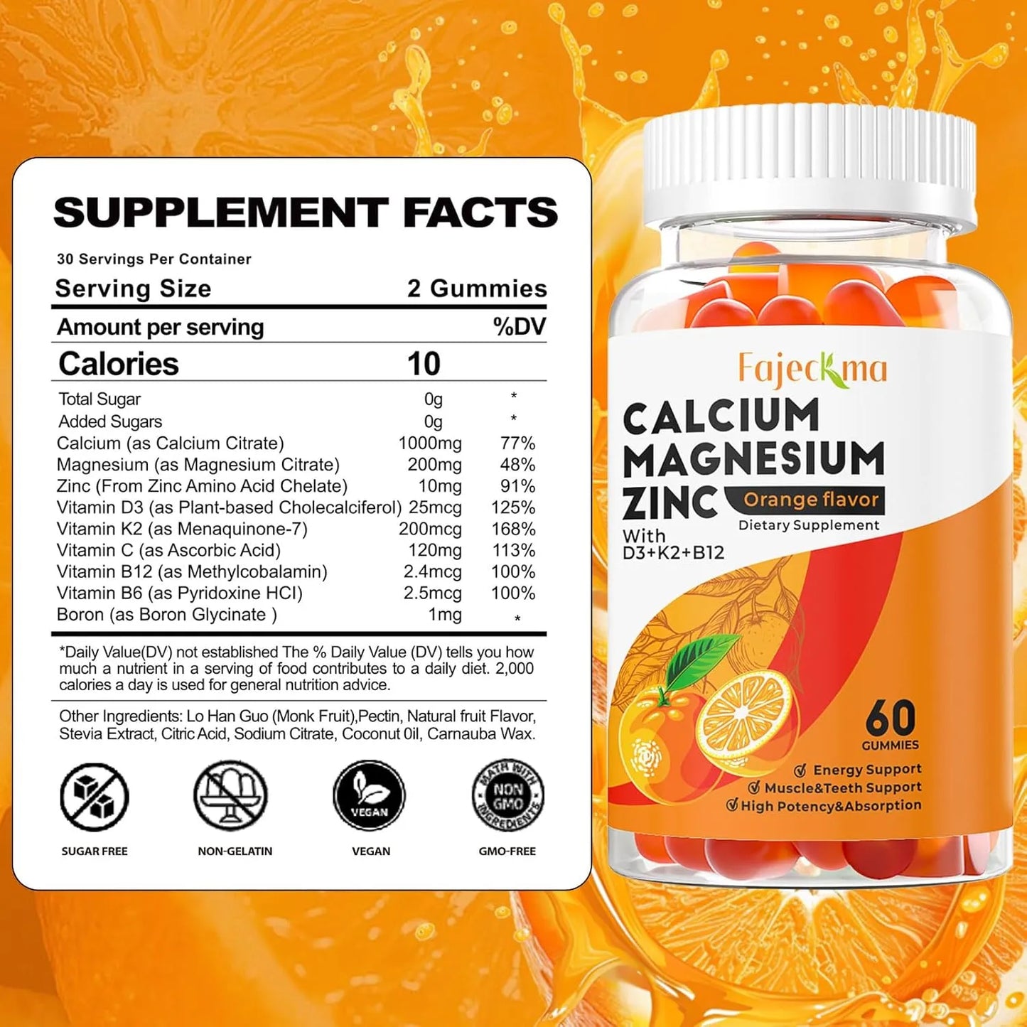Gomitas Calcio Magnesio Zinc 1000 Mg Citrato D3 B12 Alta Absorcion Sabor Naranja Vegano