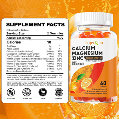 Gomitas Calcio Magnesio Zinc 1000 Mg Citrato D3 B12 Alta Absorcion Sabor Naranja Vegano